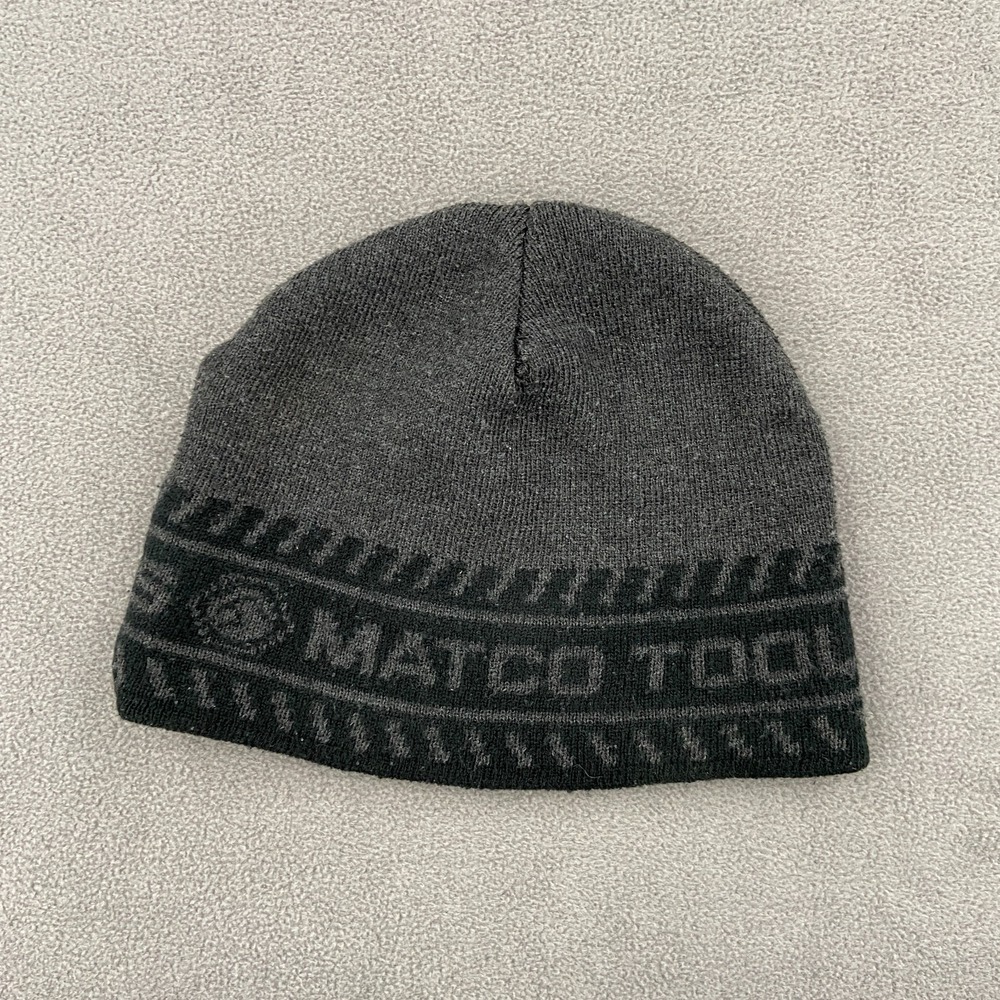 Y2K Skully Matco Tools Beanie‎ Hat Mens Gray Black Knit Wraparound Spell Out